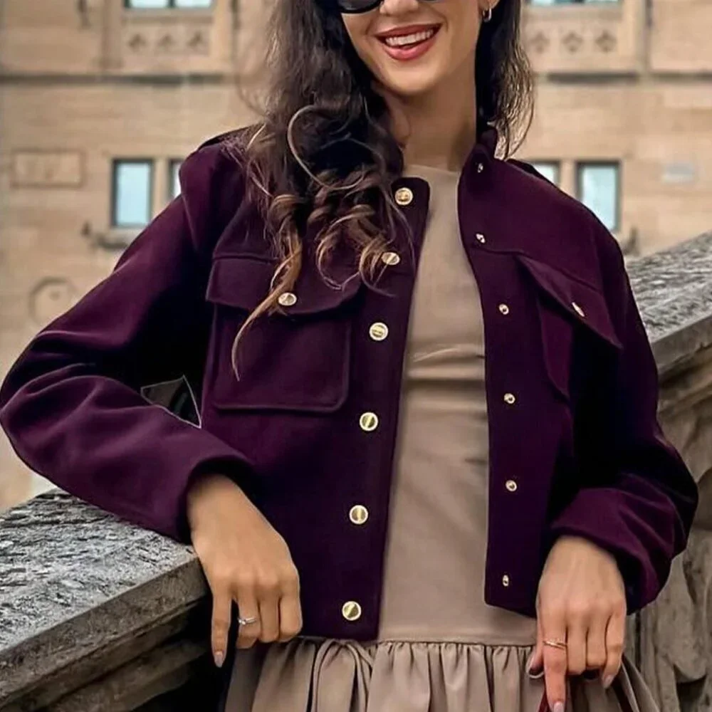 Burgundy Casual Women's Pockets Buttons detailed Jacket